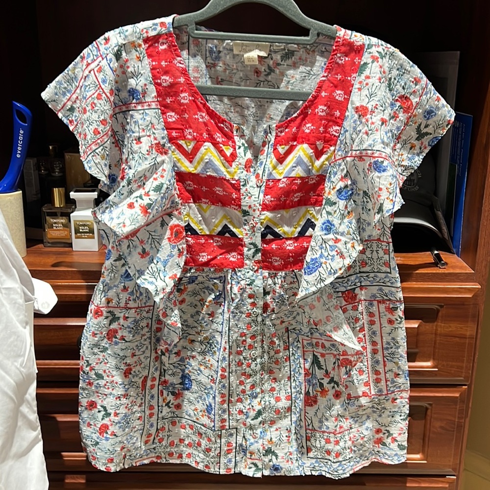 Anthropologie Red and Blue Floral Blouse